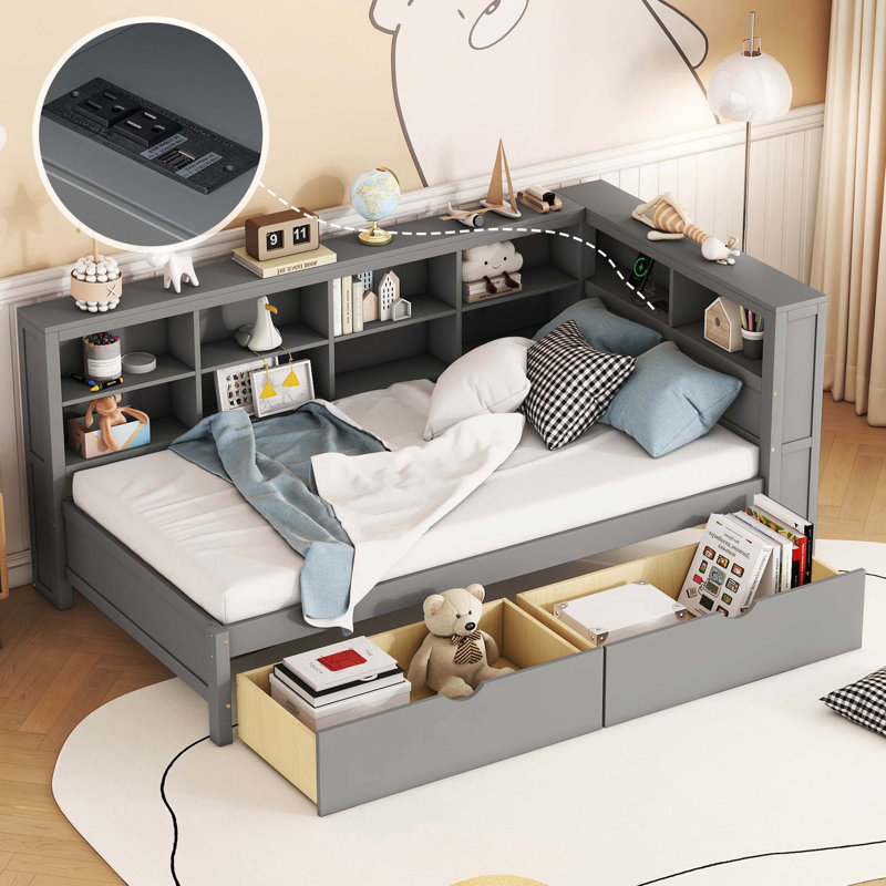 Grey Wooden Twin Size Daybed With 2 Drawers, Storage Shelf & USB Charging Ports, Gray, Twin