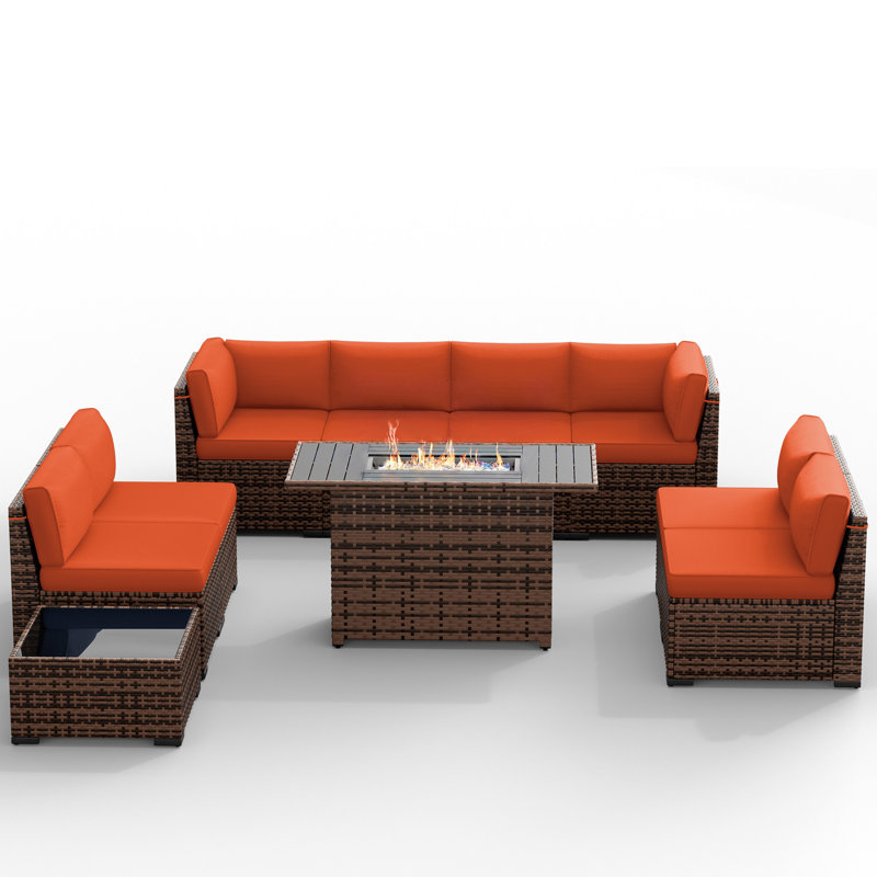 Avamay Rattan Sectional Seating Group with Cushions, Orange Performance Microfiber, Yes