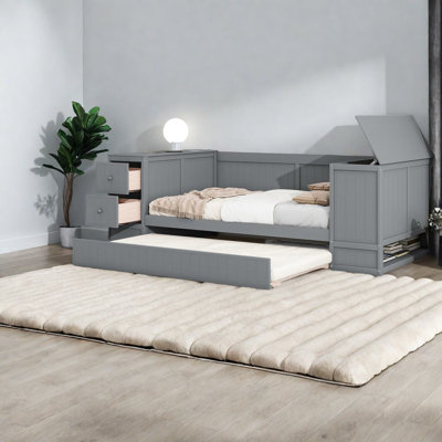 Lit de jour moderne en bois gris avec rangement, lit gigogne et station de charge pour la maison