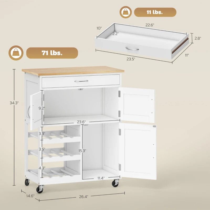 Chariot de cuisine, îlot de cuisine mobile, îlot de cuisine avec rangement