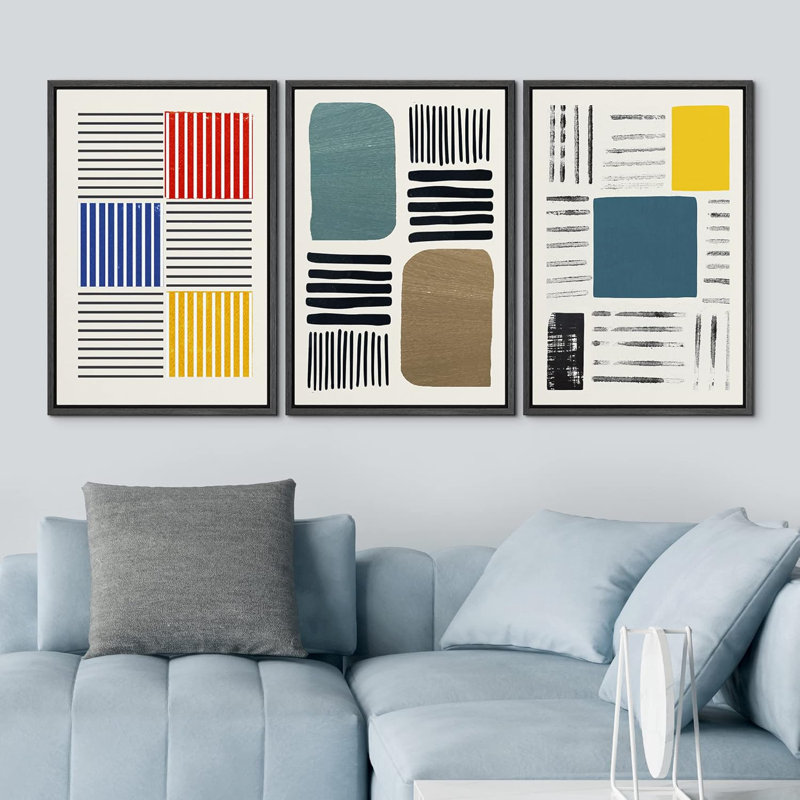Abstract Vibrant Color Blocks Multicolor Geometric Artwork Framed Canvas 3 Pieces Print Wall Art, Black, 24" H x 48" W