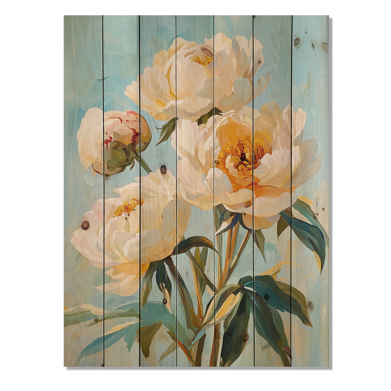 Vintage pivoines crème ensoleillées II - décorations murales en bois de pivoines - sur bois de pin naturel