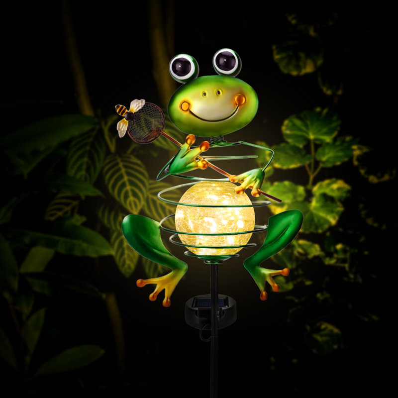 Hedaqi Frog Solar Garden Light, Metal Stake Light Crackle Glass Waterproof Globe Outdoor Decoration, Solar Power Led Light For Garden, Lawn, Patio, Pathway Decor