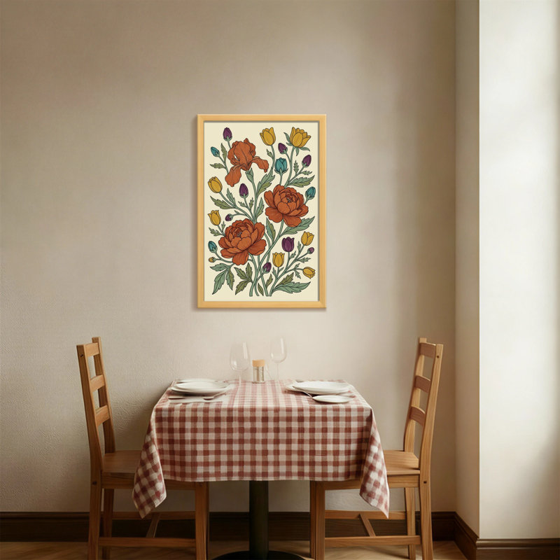 Motif floral de plantes et de fleurs avec des fleurs orange et jaunes, H 18 po x l 12 po