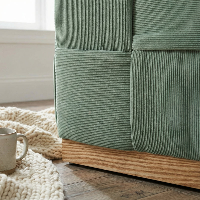 Repose-pieds Markayla en tissu vert Cordaroy avec base en chêne