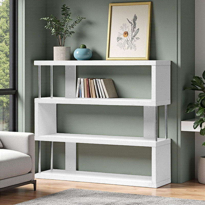Bibliothèque moderne à trois tablettes en simili grain de bois de couleur blanche H 37,87 po x l 42,87 po x P 11,31 po Deeter