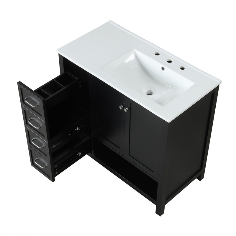 Meuble-lavabo 36 po avec comptoir d'évier, meuble-lavabo avec deux portes et deux tiroirs, bois massif, tablette ouverte, panneaux de fibres à densité moyenne, un paquet, noir