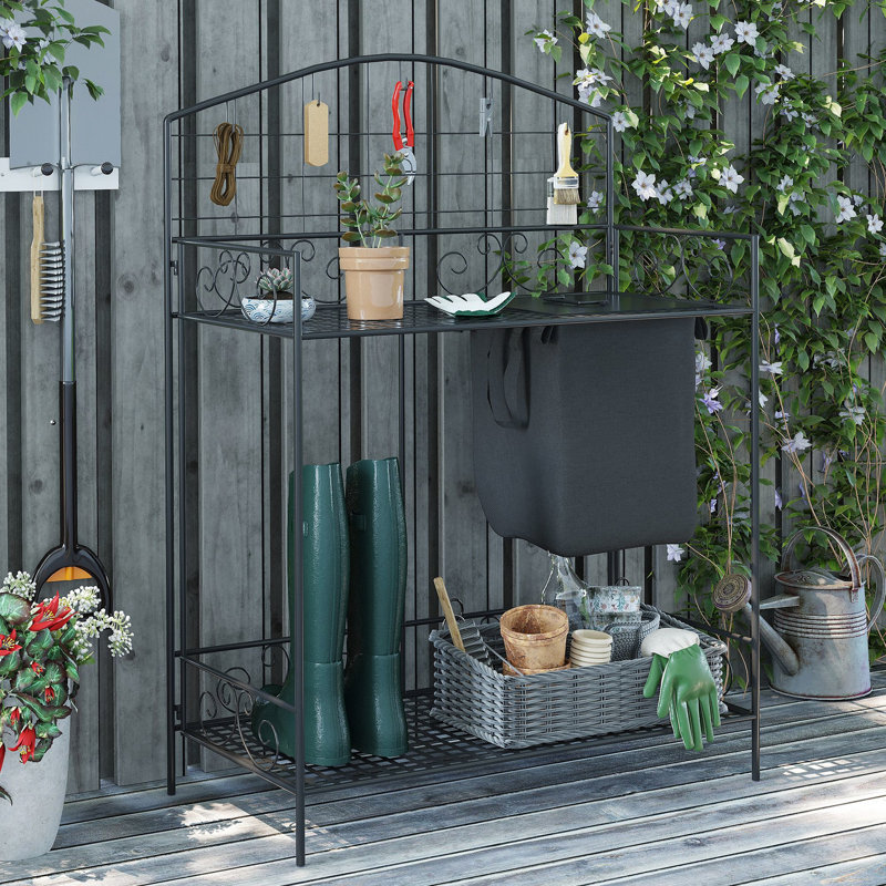 Folding Garden Potting Bench, Metal Workstation With Bag & Cover, 5 Hooks And Shelf, Ergonomic For Pleasant Planting, Black Workbench, Table Hassle- Gardening,