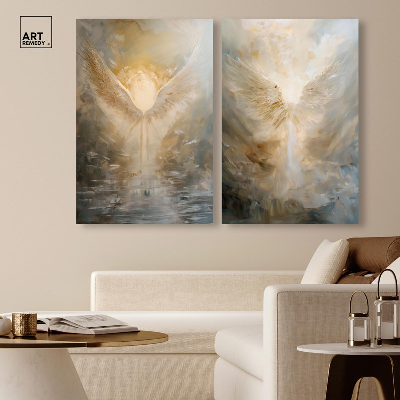 Ensemble de décoration murale bohème « Elysian Feathers Duet » sur toile dorée par Art Remedy, cadre noir, 10 x 15