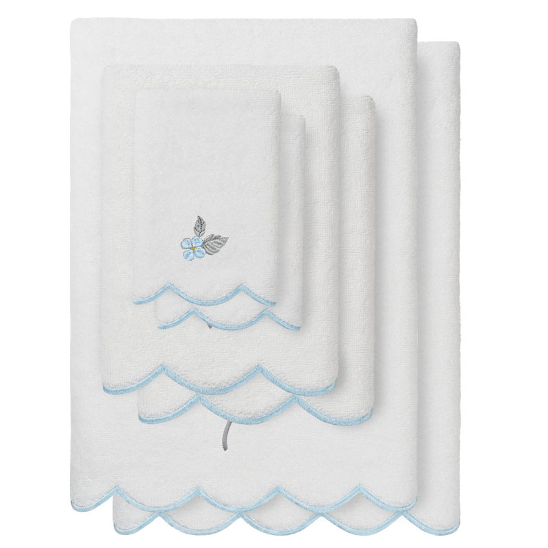  Ensemble de serviettes 100% coton turc 2 pièces à festons embellis HYDEA, Blanc / Bleu, Ensemble de 2 serviettes à doigts