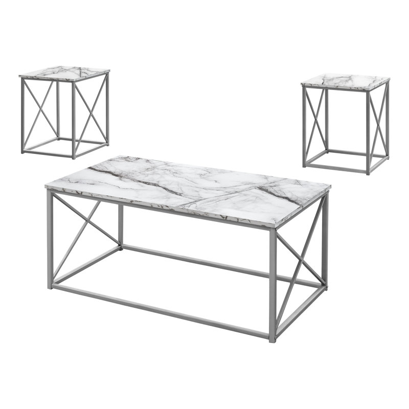 Table Set, 3pcs Set, Coffee, End, Side, Accent, Living Room, Metal, White Marble-look