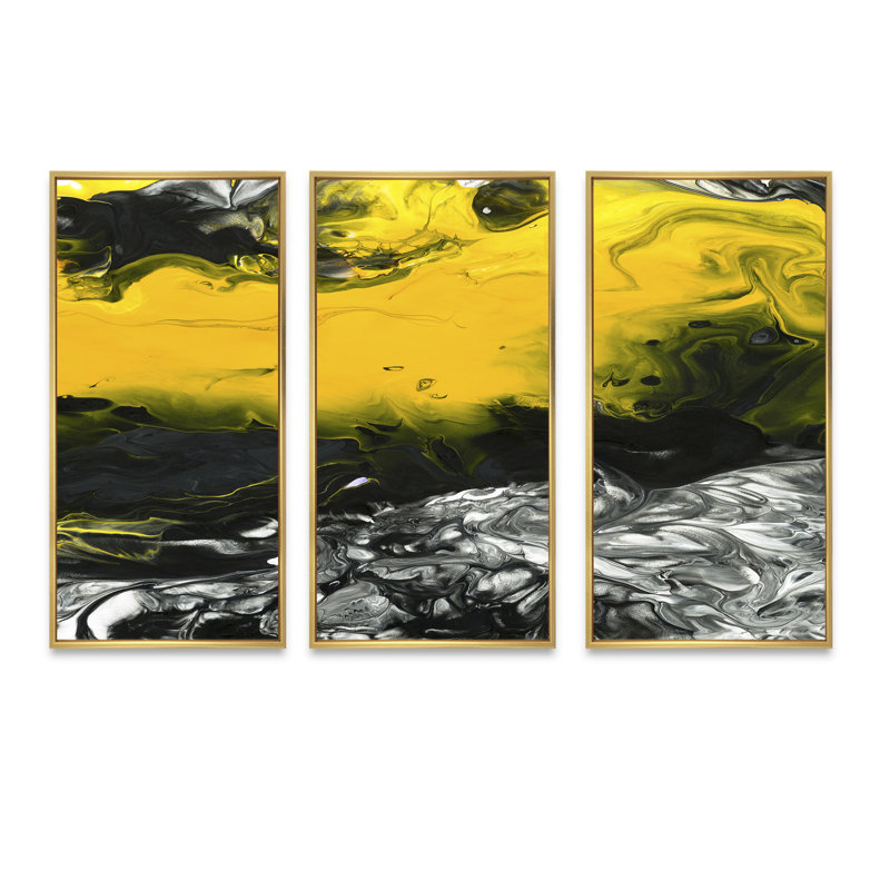 Jaune jaune, noir et blanc, art liquide III - ensemble d'art moderne sur toile encadrée moderne de 3, Cadre doré
