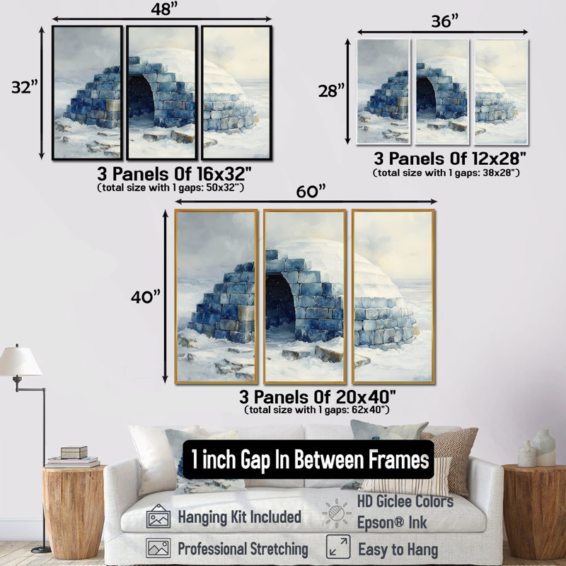 Igloo in Blue and White Tones III - Winter Landscape, impression d'art mural, Toile avec cadre flottant noir