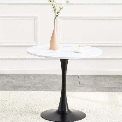 Table de salle à manger ronde en tulipe de 80 cm (31,5 po) avec pied en métal, style milieu du siècle, idéale pour la cuisine, les petits espaces et le salon. Plateau lisse en bois d'ingénierie blanc. Design ergonomique et multifonctionnel.