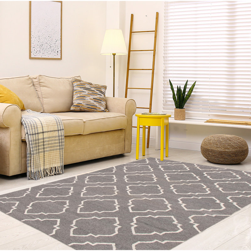 Tapis gris en laine tissé à plat à la main Evah Southwestern