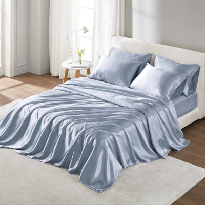 Twin Satin Bedding Ensemble - Wrinkle- Style. Fits Up To 16" Mattresses. Comprises 1 Flat Sheet, Fitted And 4 Pillowcases. Smooth Fashionable. . Blue Luxury Peaceful. Mattress. Includes Tranquil.