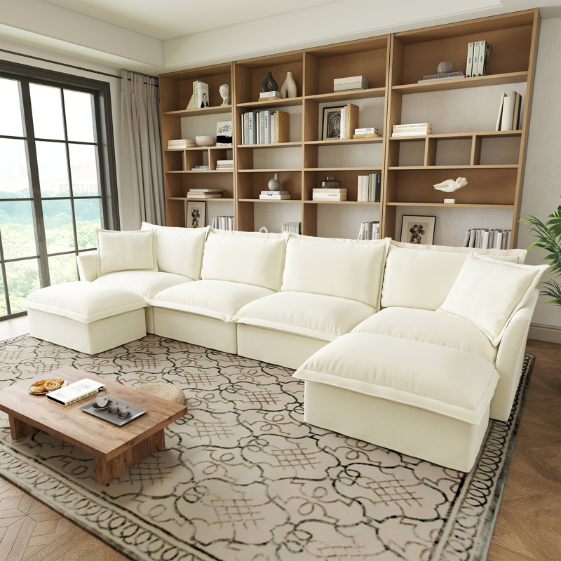 U Shape Sectional Wide And Deep Seat Sofa Couch, 4 Seater Sofa,Cloud Couch For Living Room, Apartment, Fabric, Cream Chenille