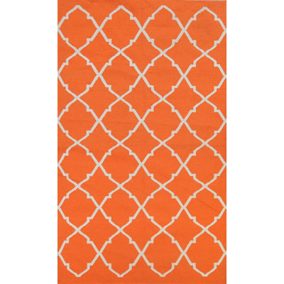 Tapis orange / ivoire en laine tissé à plat à la main à motif géométrique