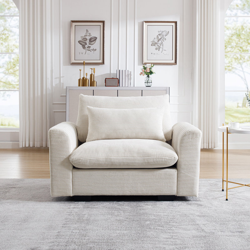 Deep Seat Single Sofa Accent Chair with Waist Pillow, Beige Corduroy