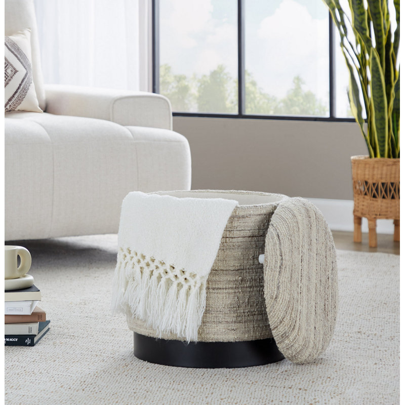 18"  Storage Ottoman In Black Metal And Cream Handwoven Wool