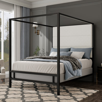 Modern Canopy Bed With Tall Fabric Upholstered Headboard Metal 4-Poster Bed Frame, Box Spring Needed