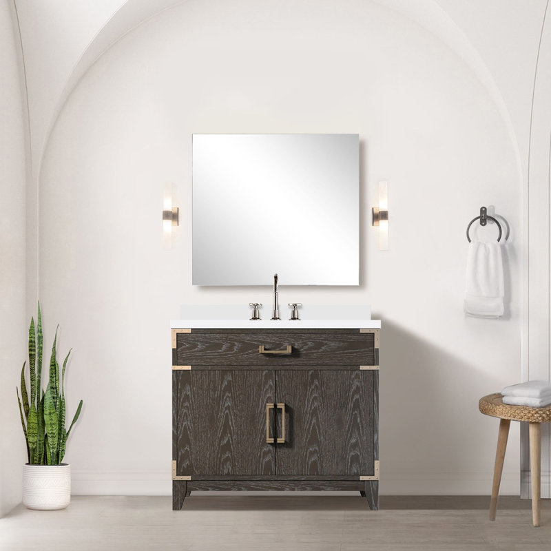 Ensemble de meuble-lavabo simple en chêne brun l 36 po x P 22 po, comptoir en quartz blanc et robinet, Brown/Gold, 44" W
