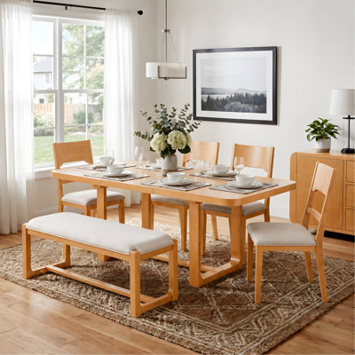 TOPMAX 6-Piece Solid Wood Dining Table Set, Extendable Rectangular Dining Room Set with 4 Padded Chairs & Bench, 60"–84" Expandable Tabletop, Natural+