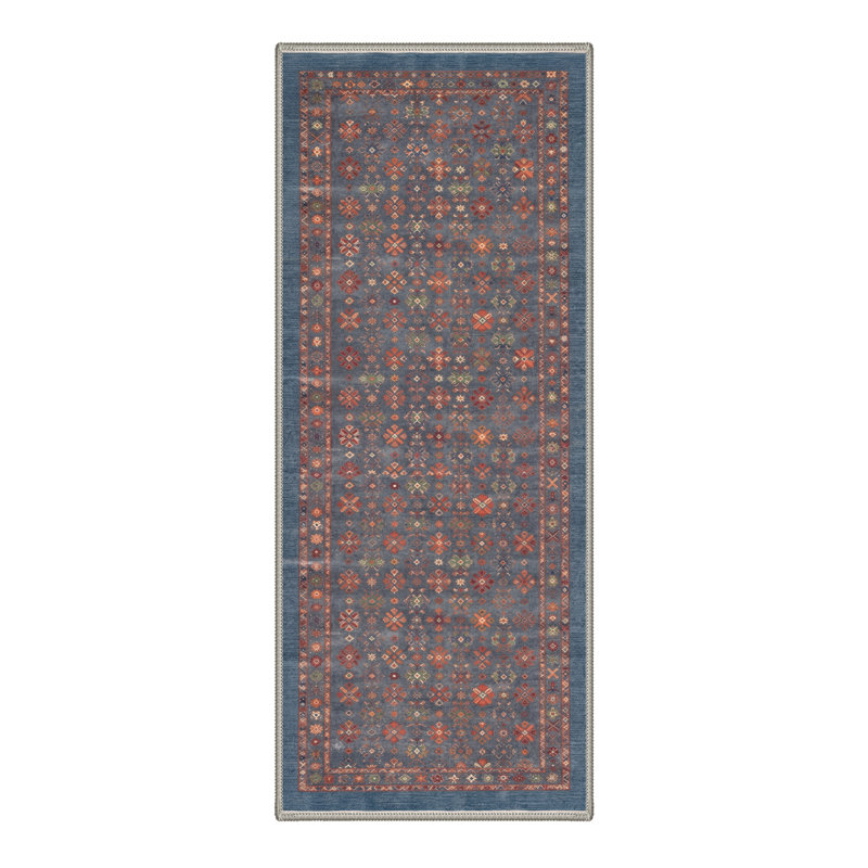 Veridian Geometric Floral Machine Washable Red / Blue Indoor Area Rug with Non-Slip Backing, Runner 2' x 7'