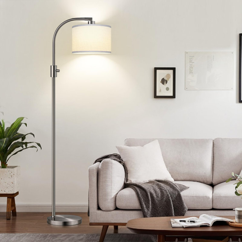Dimmable LED Arc Floor Lamp For Living Room - 1200 Lumens, Adjustable Linen Shade, Rotatable Stand, Silver