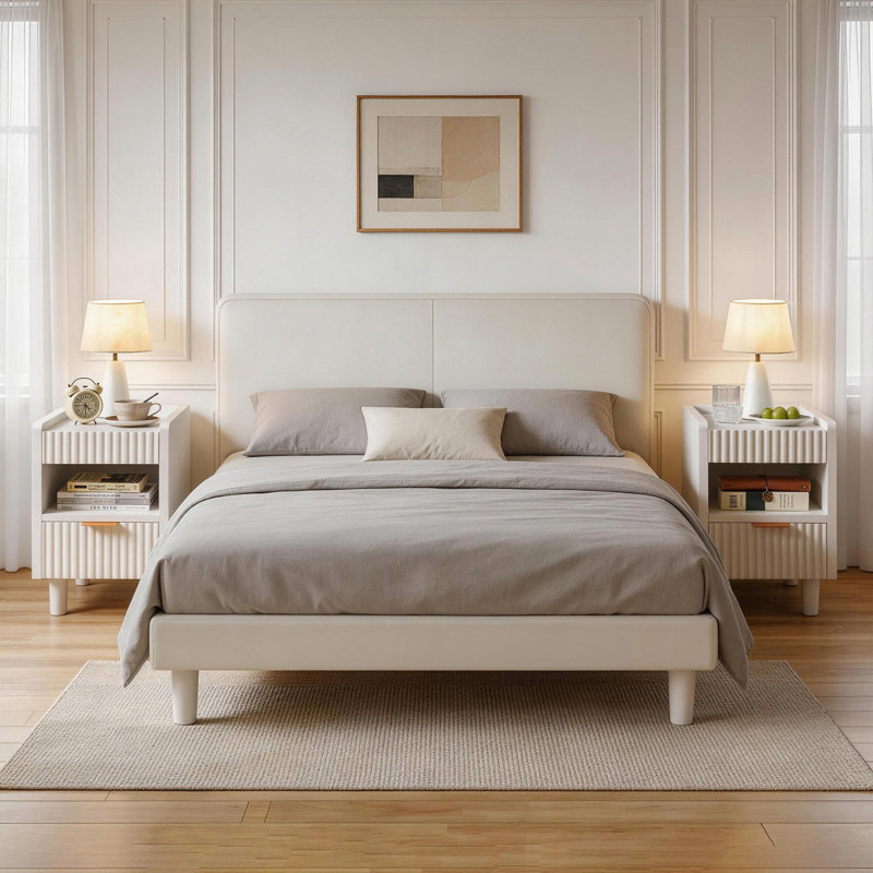 Tables de chevet modernes en bois cannelé blanc avec tiroir et rangement ouvert, ensemble de 2 tables de chevet modernes pour le salon