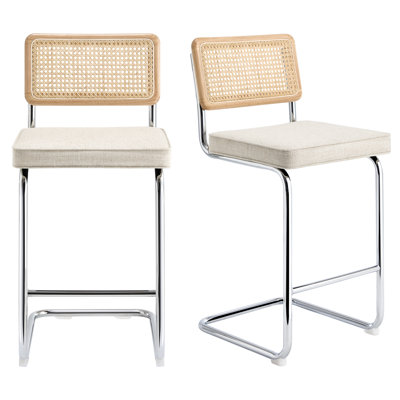 Marlow Upholstered 26" Linen Counter Stool with Rattan Cane Back and Metal Frame