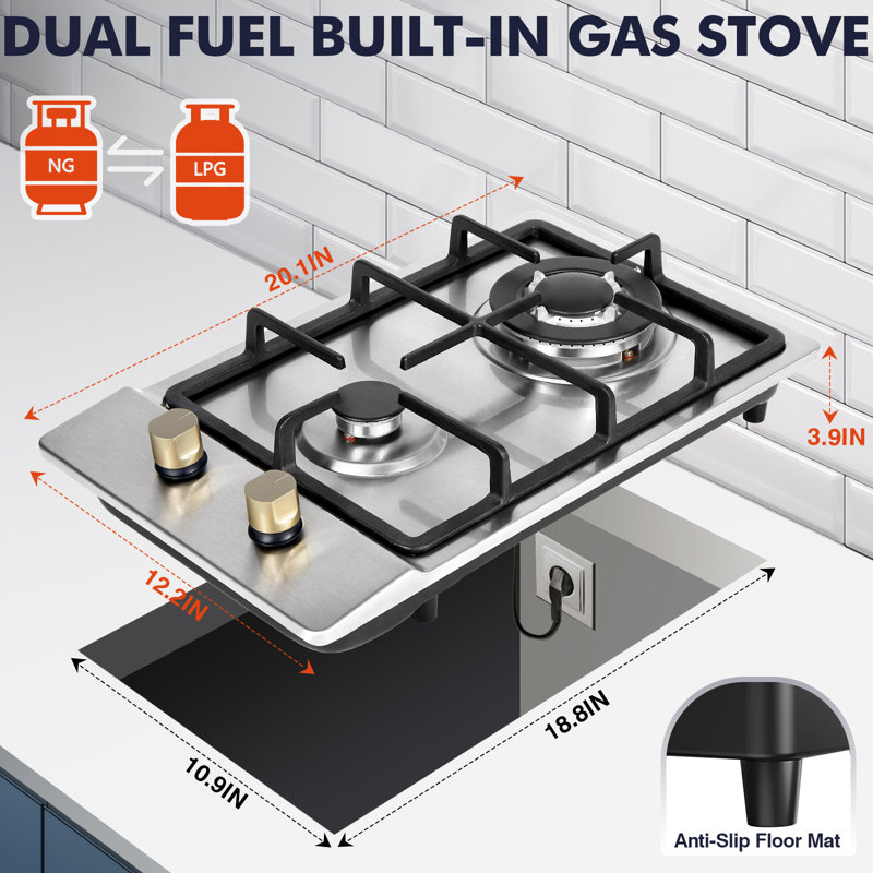 Table de cuisson à 2 brûleurs au gaz, au propane convertible et au gaz naturel en acier inoxydable avec protection de sécurité à thermocouple 12 po Bestfire