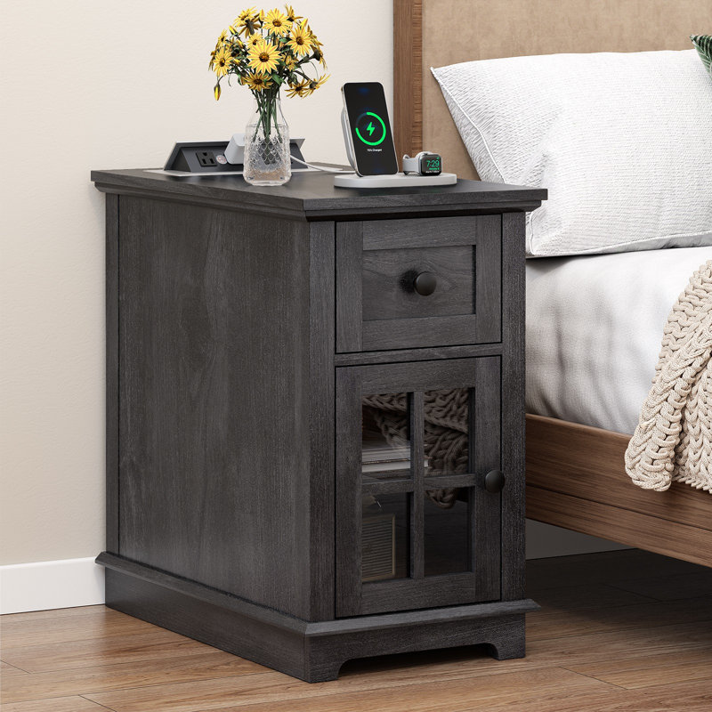 Table de chevet 1 tiroir pour chambre à coucher avec rangement et prises intégrées Binyameen, Noir, Individuel