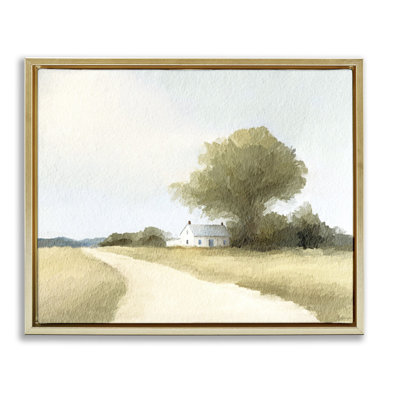 Cadre flottant Farmhouse Road, par Leah Straatsma, H 17 po x l 21 po, Cadre flottant métallique doré