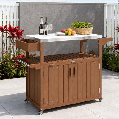 Outdoor Kitchen Island Cart with Storage Cabinet Stainless Steel Top and Wheels for Patio Backyard