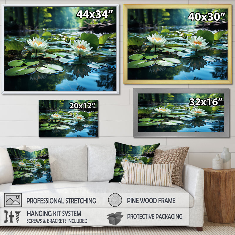 Country Charm Tranquil Pond - Imprimé, H 24 po x l 32 po x P 1 po, Cadre simple blanc
