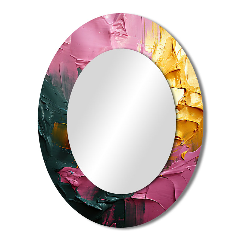 Rejoicing In Love Pink And Gold Abstract PaintingI - Gold Modern Oval Wall Mirror, 43 po x 33 po