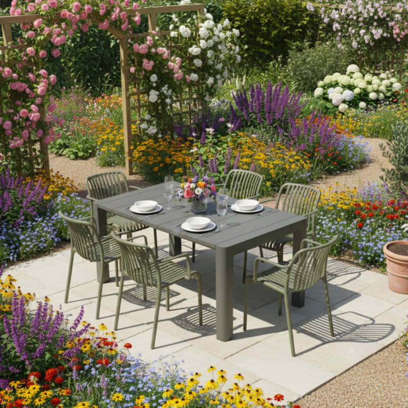 Carachure 6 - Person Patio Dining Set with Rectangular Table, Green/Grey