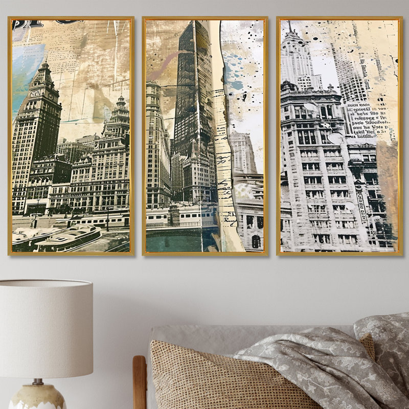 Marblehead - ensemble de reproductions d'art mural Chicago, Cadre flottant doré, H 32 po x l 48 po x P 1 po