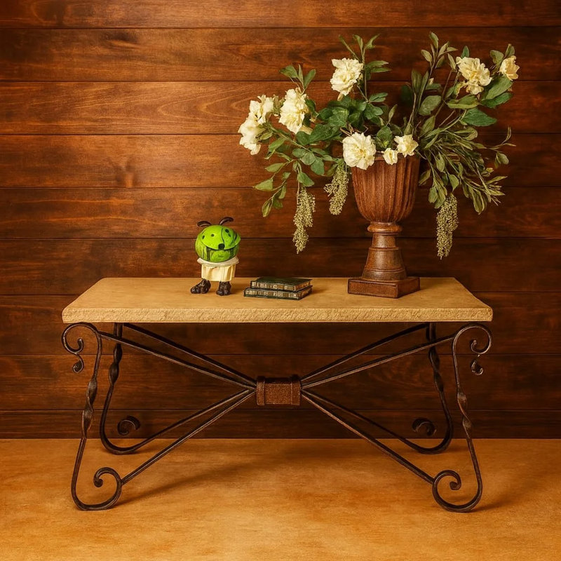Chiseled Peach Travertine Console Table With Hand-forged Iron Base | 1212ct Pch