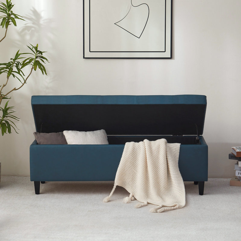 50.5‘ Wide Tufted Faux Leather Upholstered Storage Bench, Blue