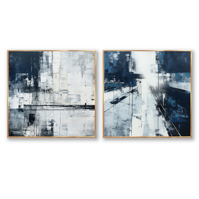 Ensemble de 2 collages carrés noirs en noir et blanc, H 16 po x l 33 po, Cadre flottant doré