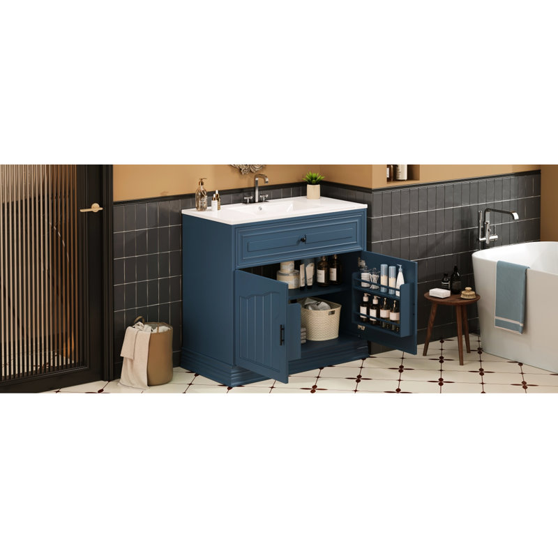 36" Bathroom Vanity With Blue Main Colour, And Solid Wood, 2 Soft - Closing Doors, Multi Function Shelves, Elegant Storage Luxury Finish, Pine Mechanism, Door Organizer, Hole Shelving, Ideal Solution
