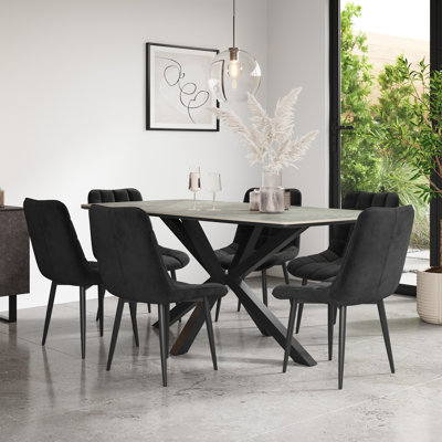 Juno 180cm Light Grey Ceramic Dining Table Set with 6 Nova Velvet Chairs
