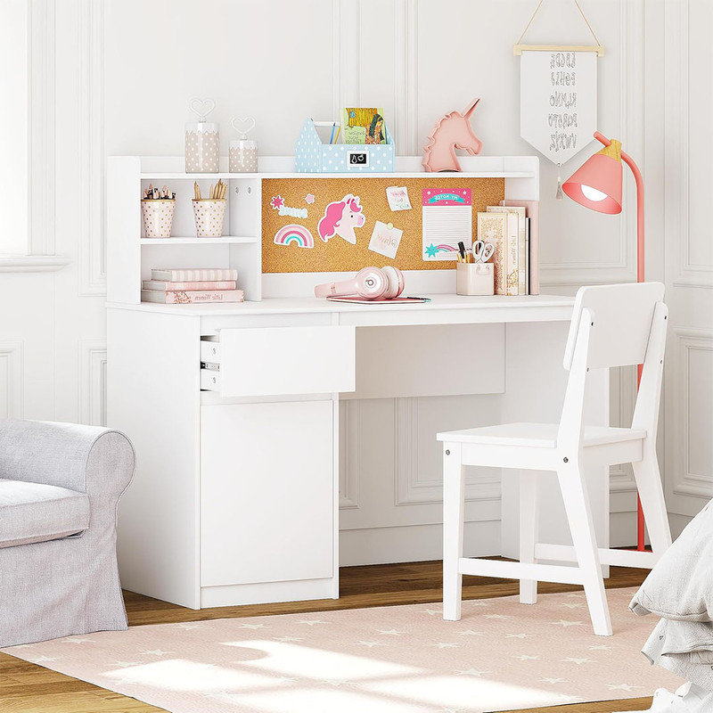 Kids Desk and Chair Sets with Hutch and Storage Cabinet, Wooden Children Study Table, Student Writing Desk Computer Workstation, White