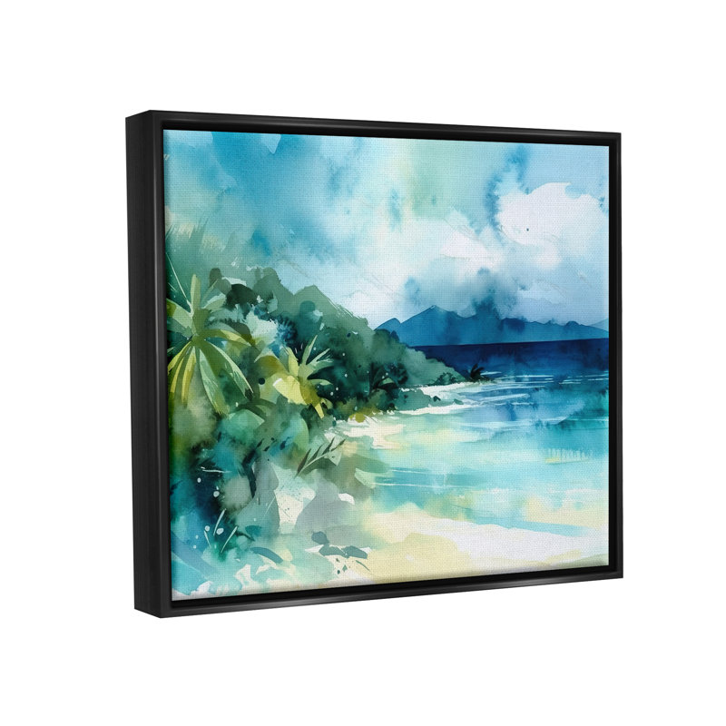 Paysage tropical abstrait encadré sur toile par Andrea Haase, H 25 po x l 31 po x P 1,7 po, Cadre flottant noir de jais