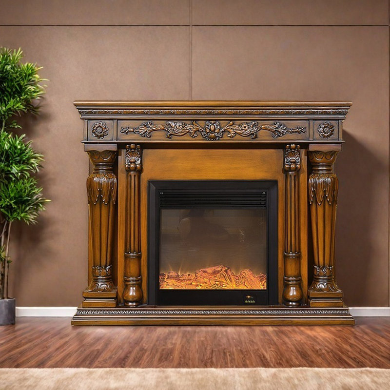 Modern vintage carved fireplace, 47.24" H x 59.05" W x 12.59" D, Brown