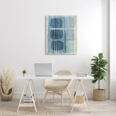 «Retro Mod Shapes Blue Beige Stripes», peinture moderne sur toile tendue XXL par Flora Kouta