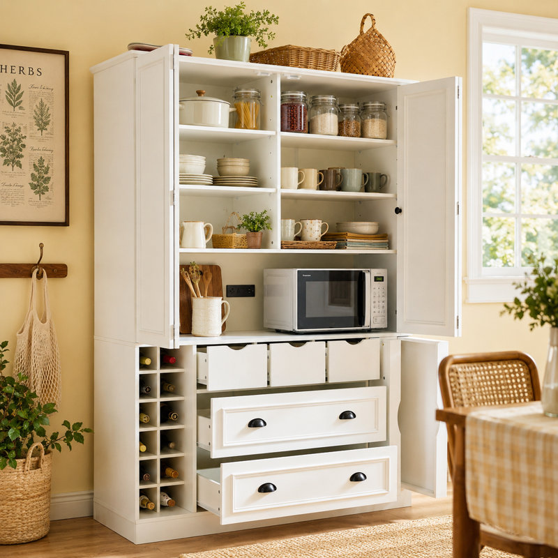 Armoire de cuisine Farmhouse avec tablettes réglables, tiroirs, support à vin et prise de courant, White