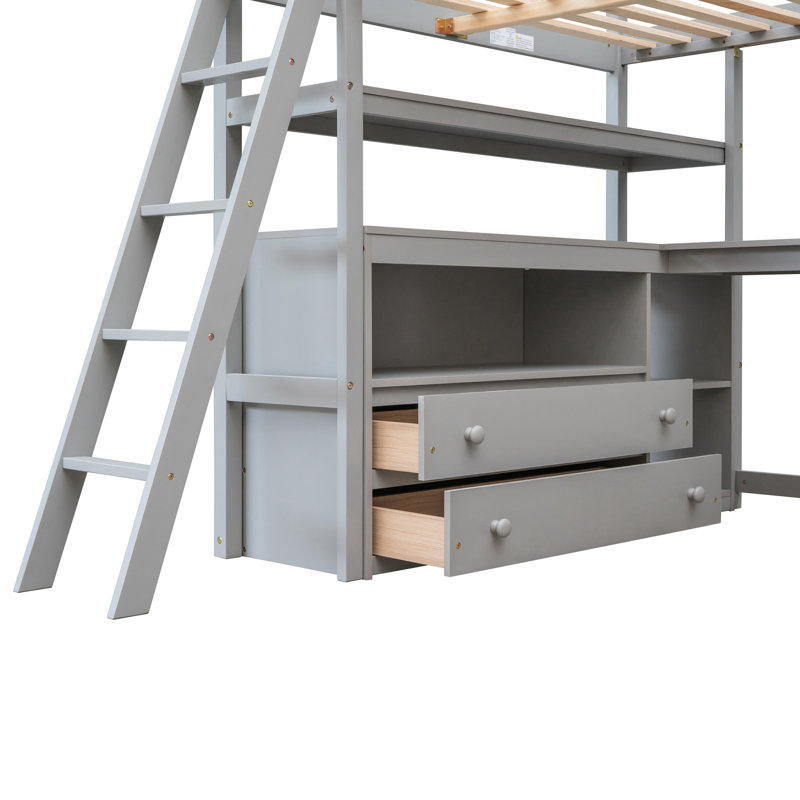 Lit mezzanine simple blanc avec bureau, tablettes et étagère à tiroirs, Lit double